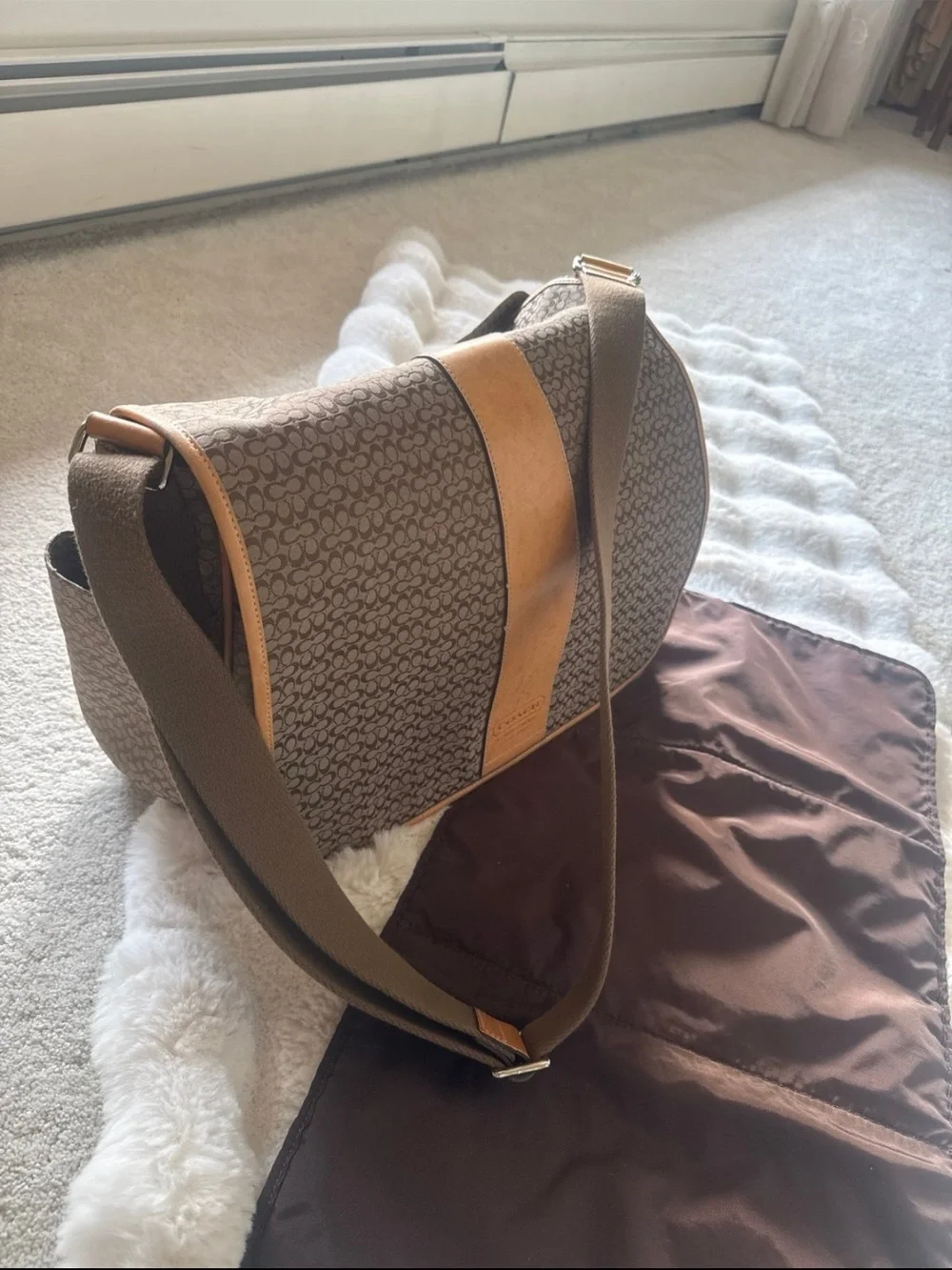 Coach Brown Signature Canvas Diaper Bag with Tan Leather Trim